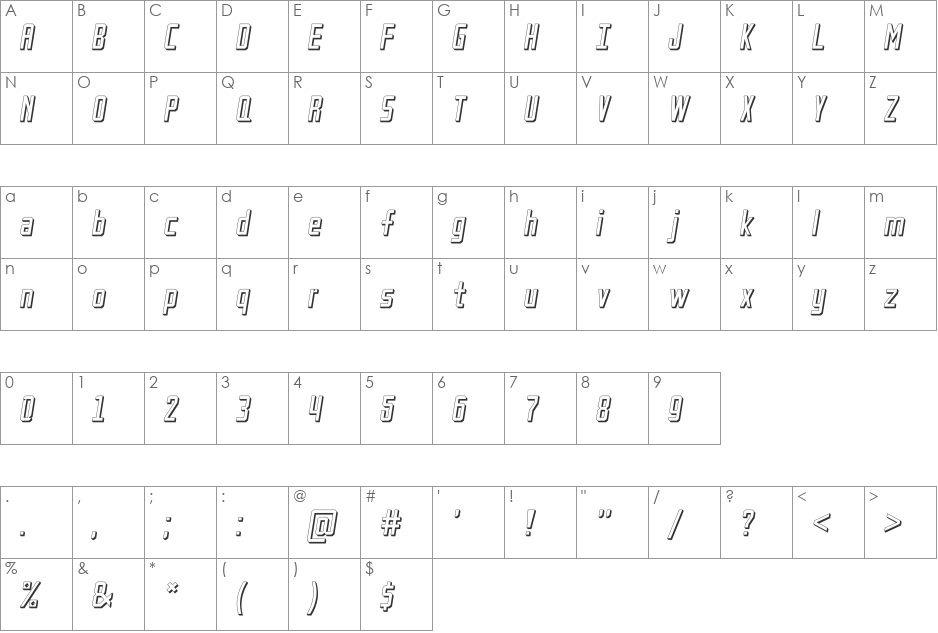 Petak Square Shadow font character map preview