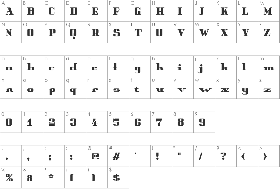 Peter Obscure font character map preview
