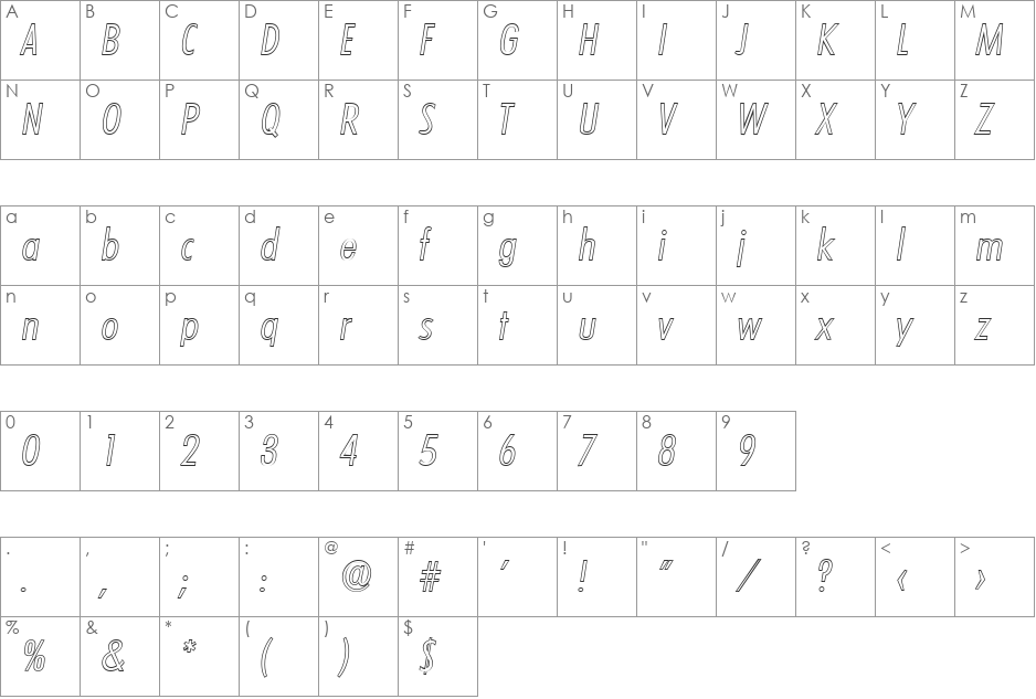 PeterBeckerCondOutline-Light font character map preview