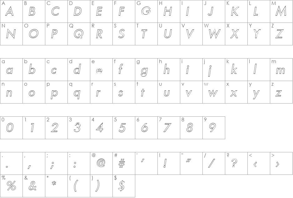PeterBeckerOutline font character map preview