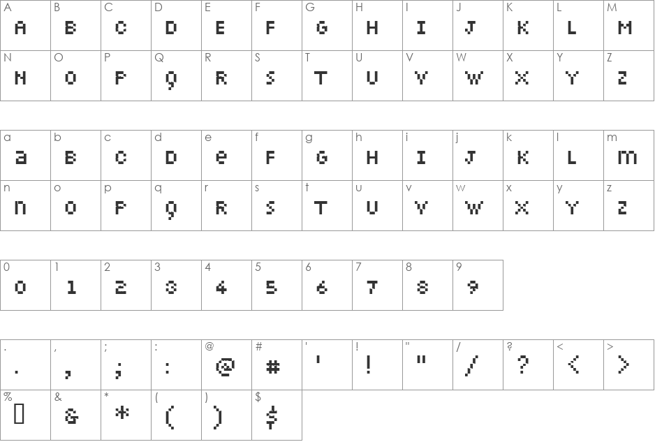 Petiote font character map preview