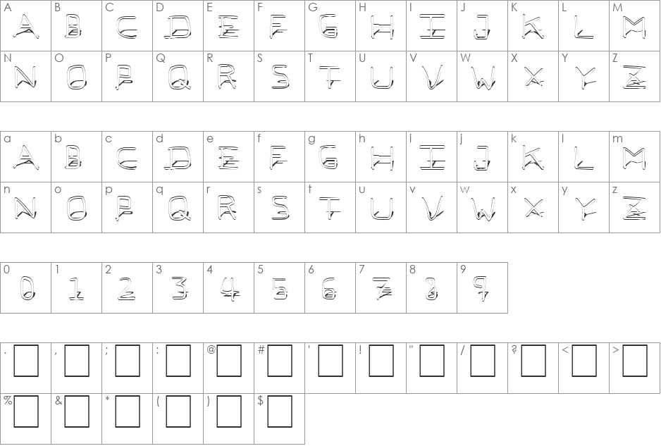 Pfvvbf7 3d shadowed font character map preview