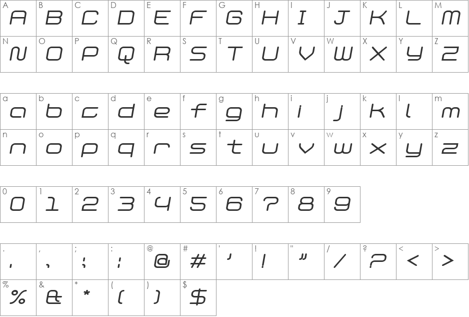PhantomRegular Italic font character map preview
