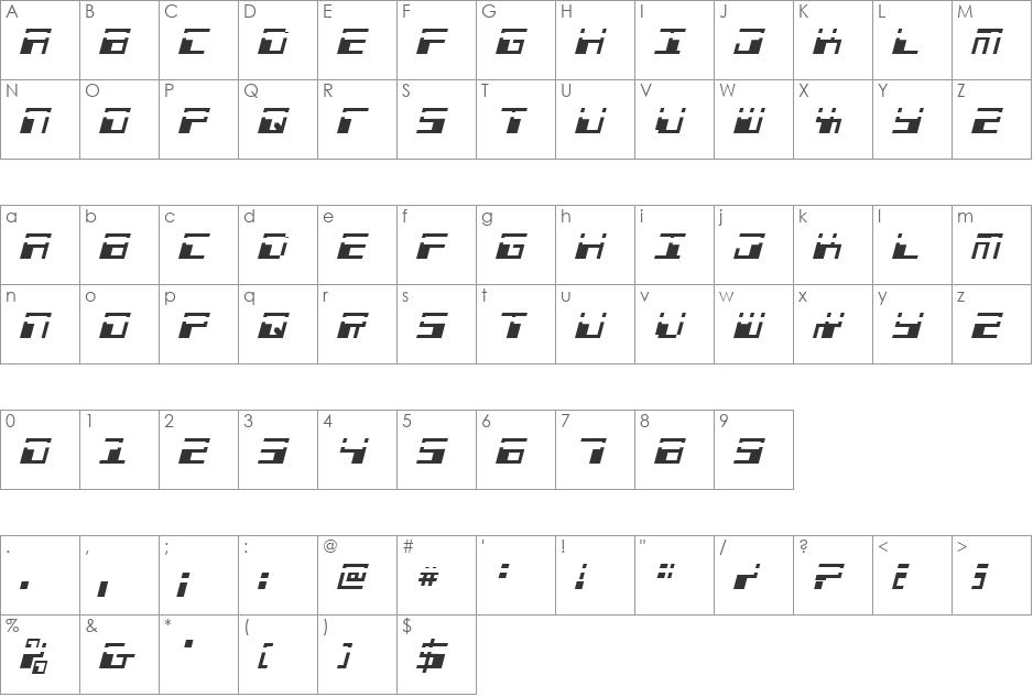 Phaser Bank Laser Italic font character map preview