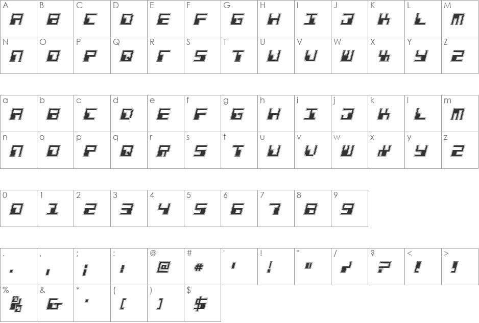 Phaser Bank Pro Italic font character map preview