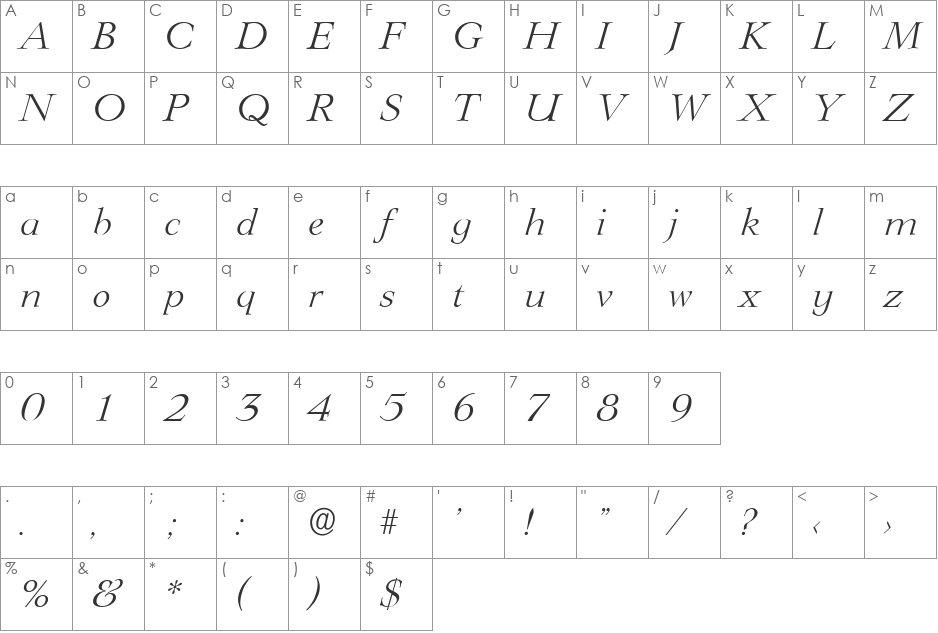 PhillipBecker-Light font character map preview