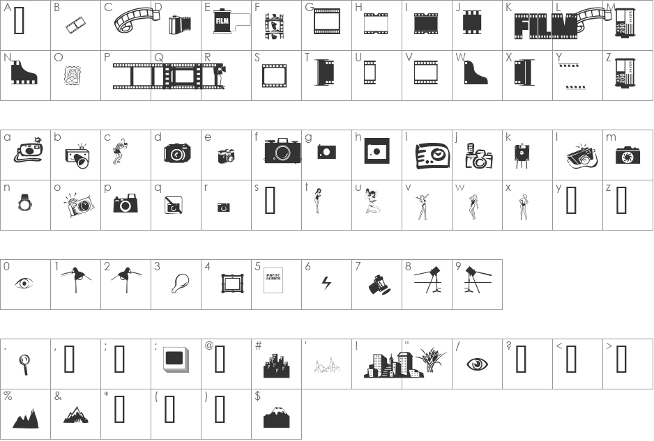 Photographer Collected Dings font character map preview