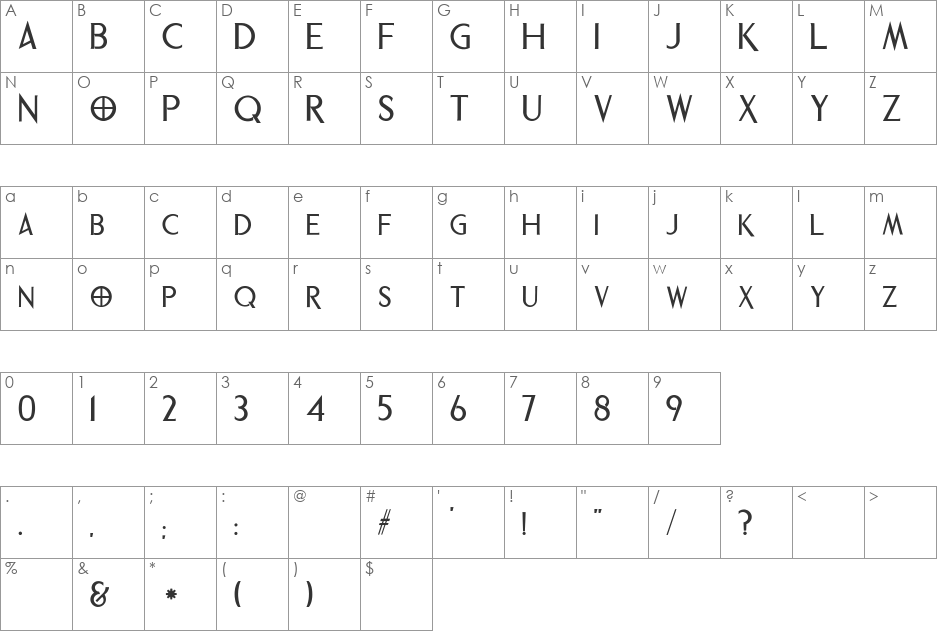 Phrixus font character map preview