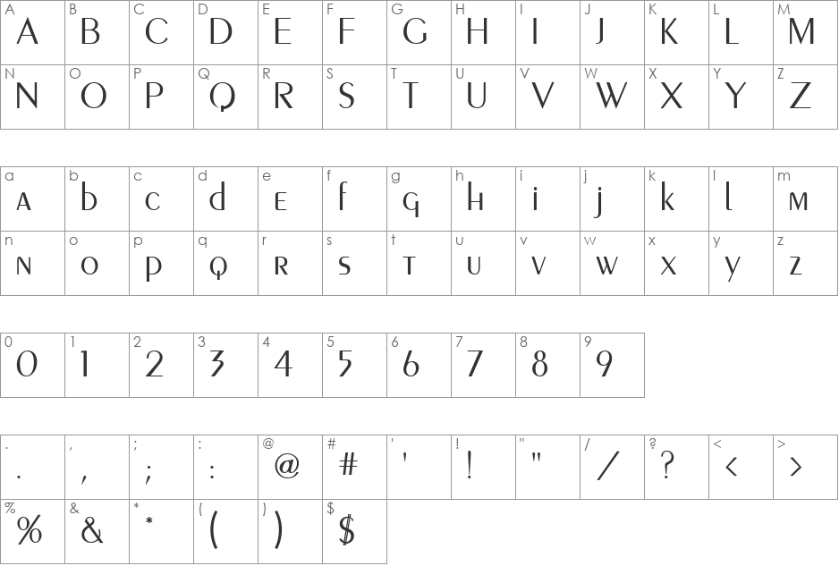 Piano Light font character map preview