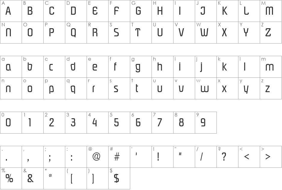 Piazza SF font character map preview