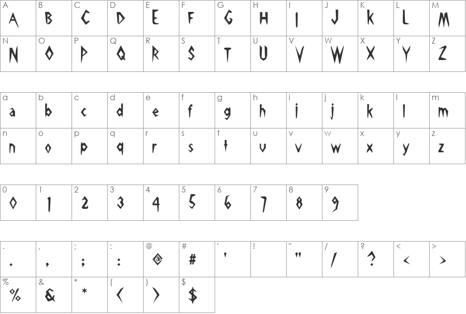 Pick Ax font character map preview
