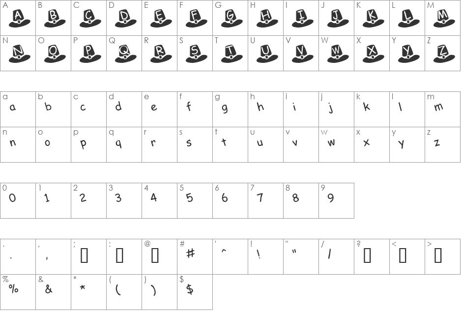 Pilgrim Hats font character map preview