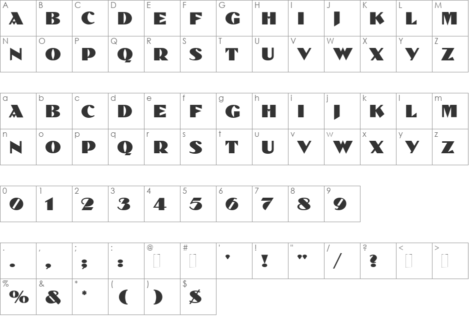 Pilotka font character map preview