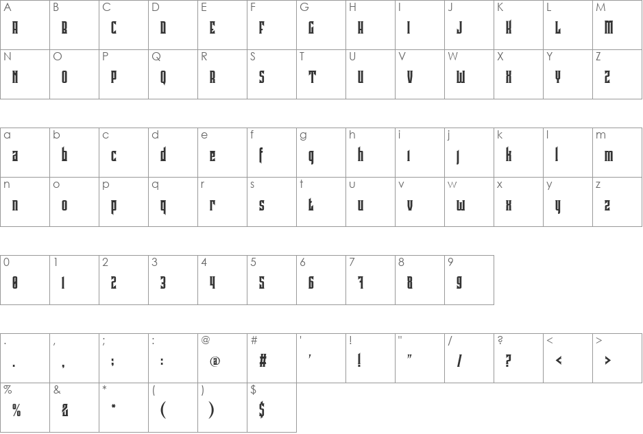Pindunk font character map preview