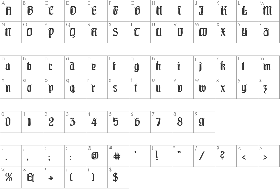Pittoresk Hollow font character map preview