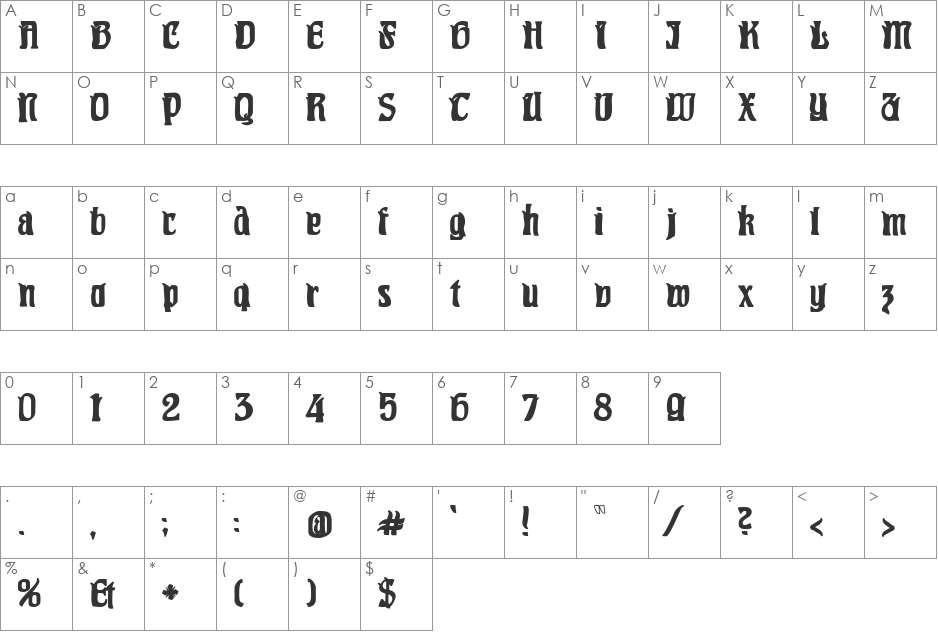 PittoresqJugendstil font character map preview