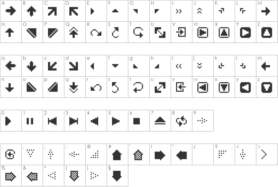 PixArrows font character map preview