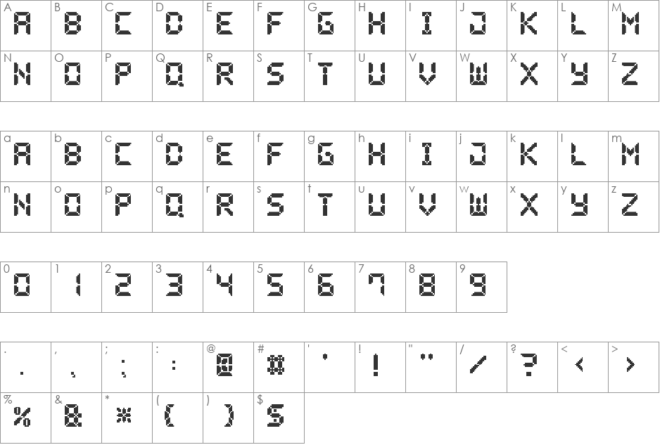 Pixel LCD7 font character map preview