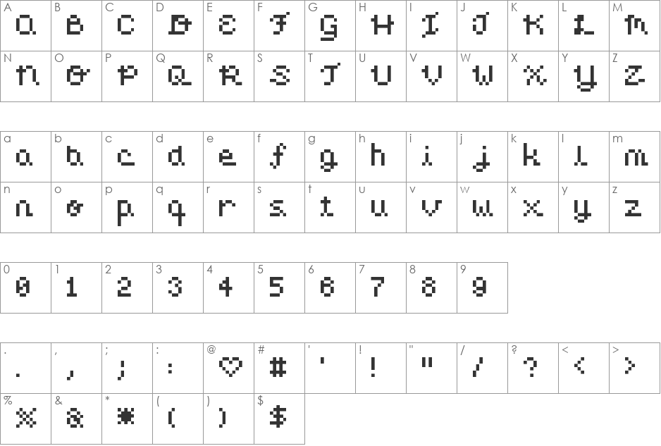 pixel-love font character map preview