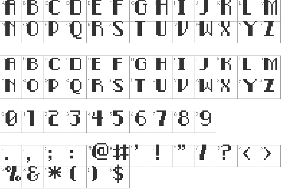 Pixel-Noir Caps font character map preview