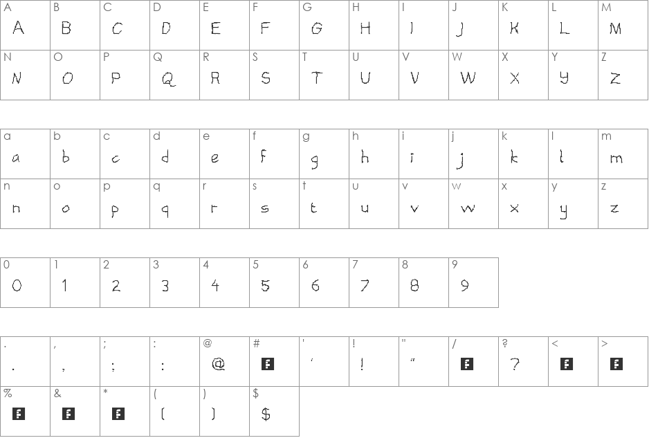 Pixelized Handwriting font character map preview