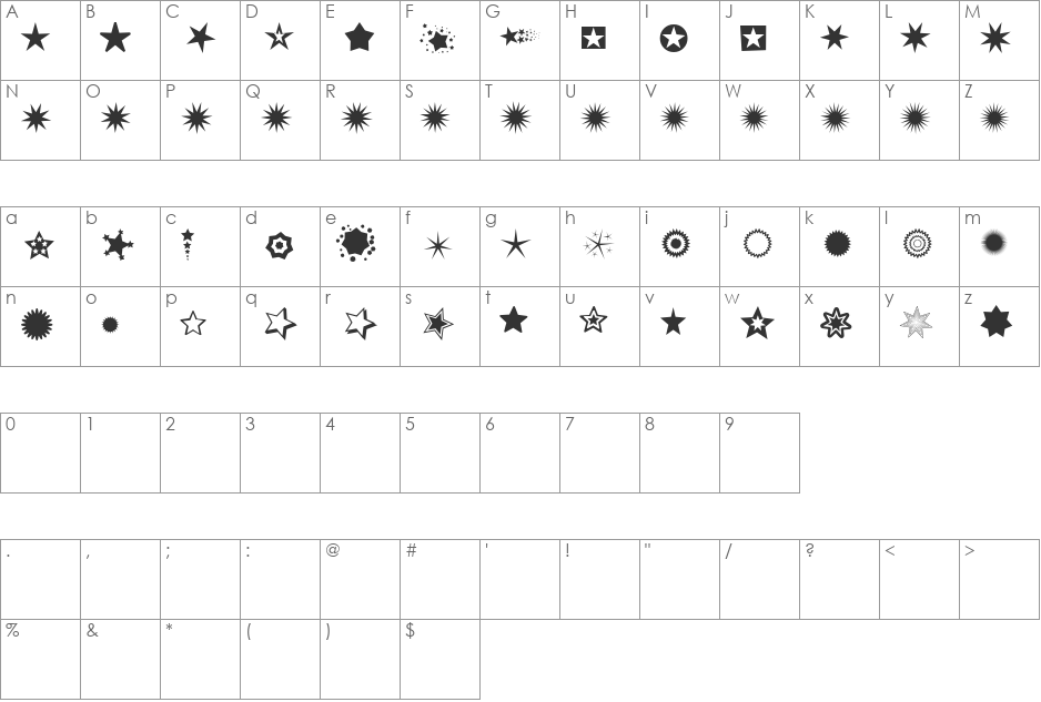 PizzaDude Stars font character map preview