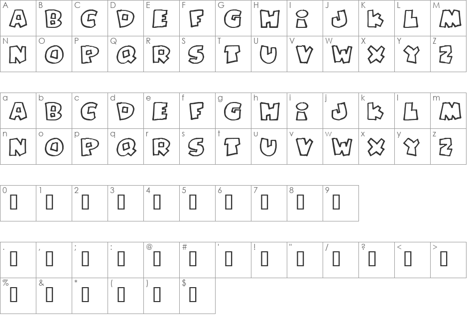 PizzaDudeFatOutline font character map preview