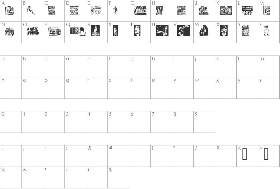 B Movie Dings font character map preview