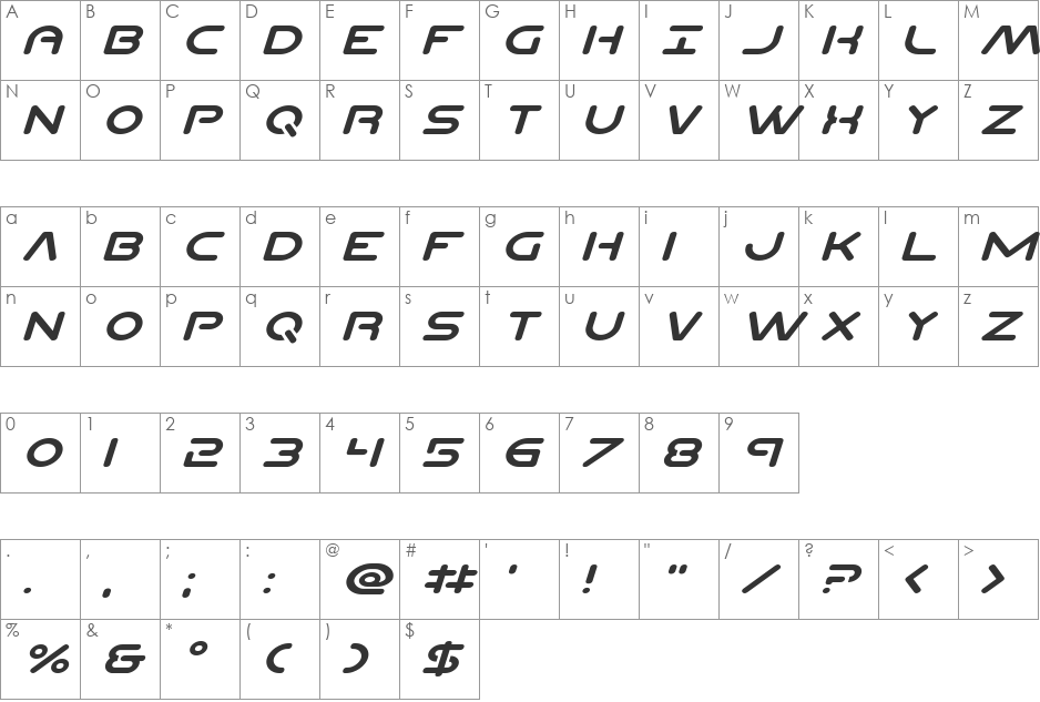 Planet N Compact Expanded Italic font character map preview
