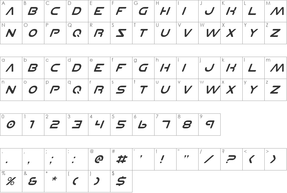 Planet NS Italic font character map preview
