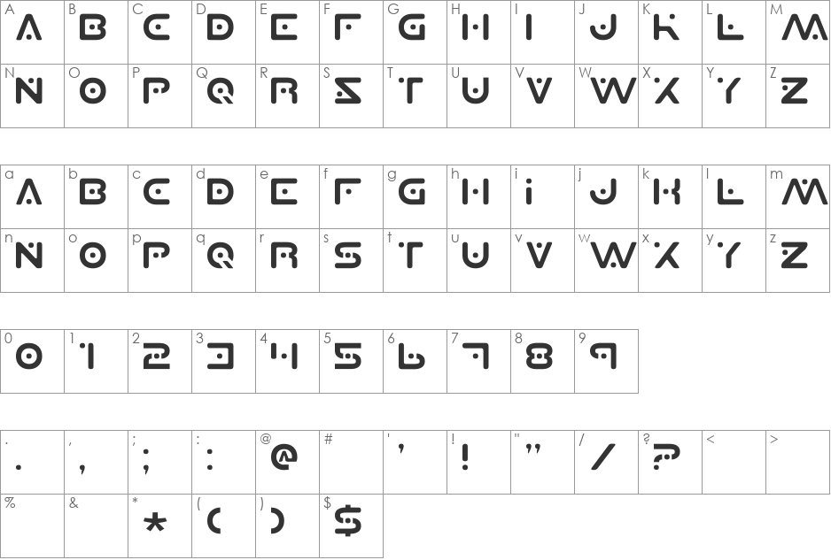 Planet X font character map preview