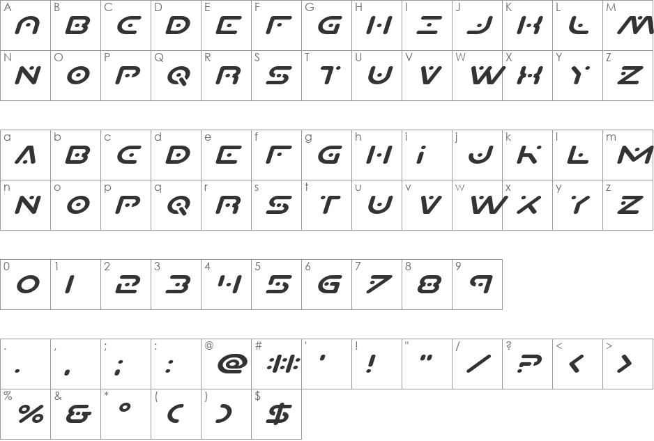 Planet X Compact Expanded Italic font character map preview