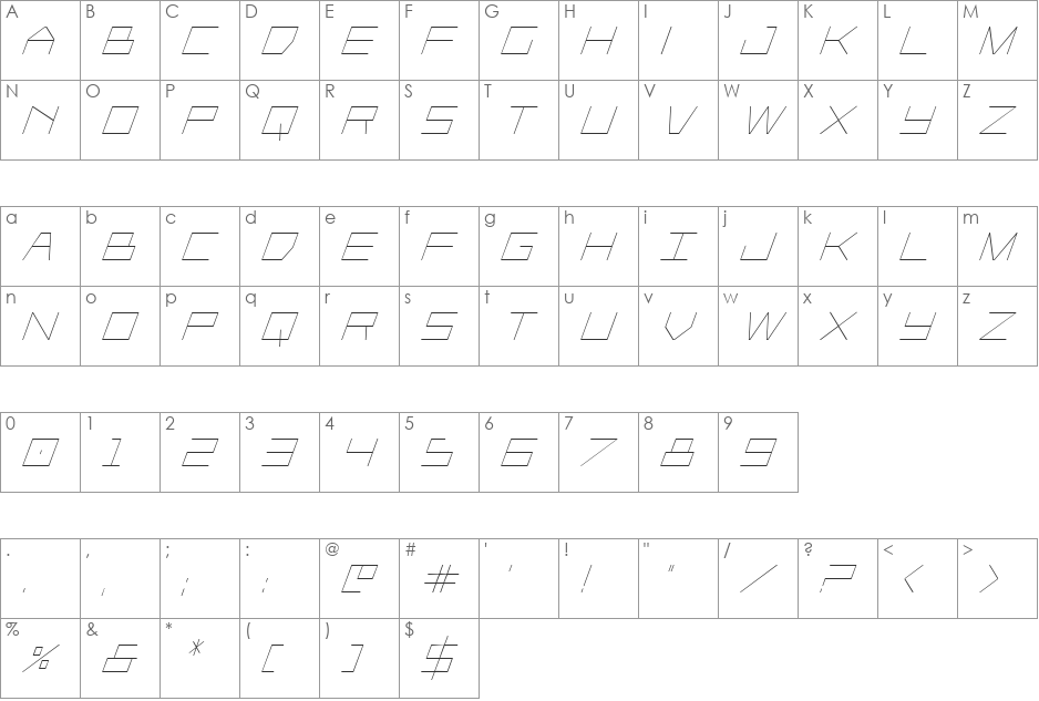 Player 1 Up Condensed Italic font character map preview