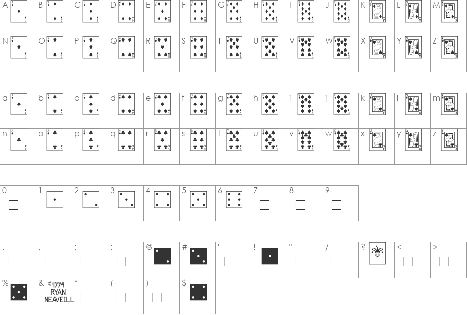 Playing Cards font character map preview