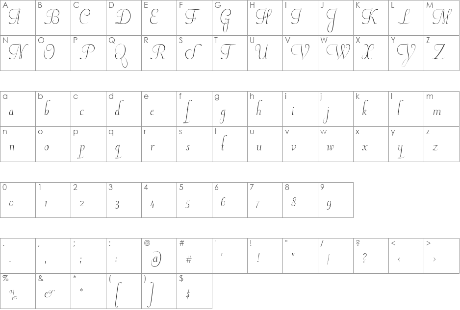 PlumaPrimeyra font character map preview