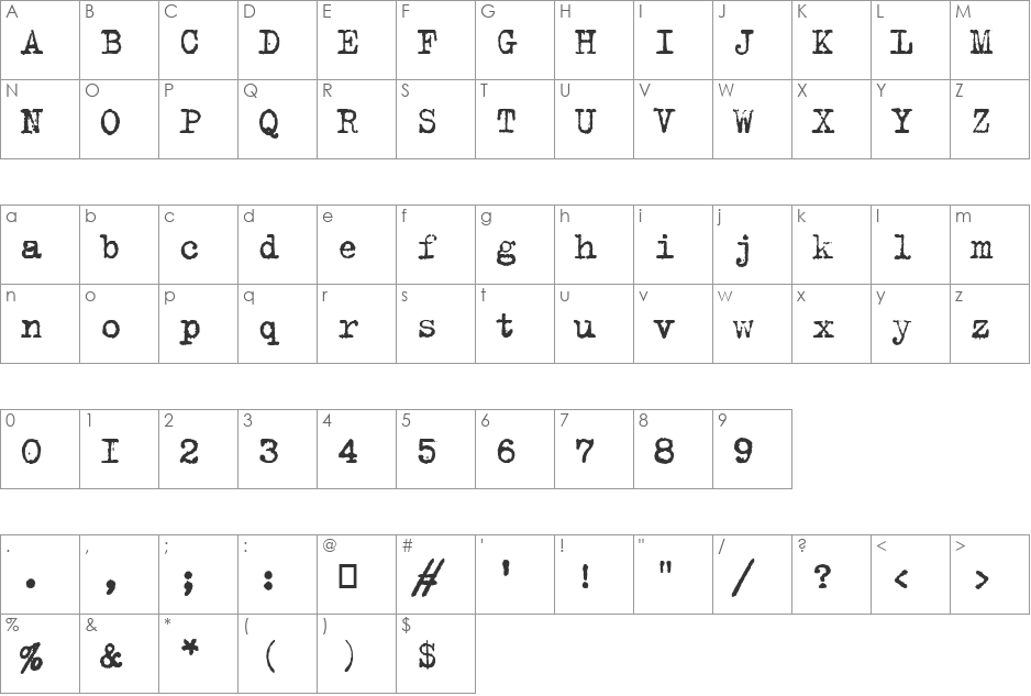 B52 font character map preview
