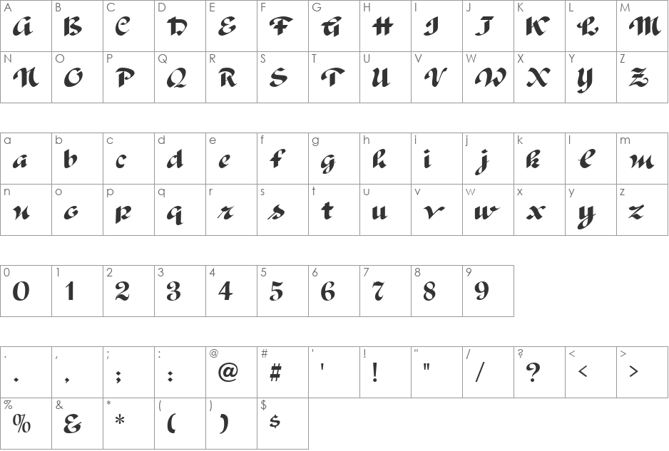 Postillion font character map preview