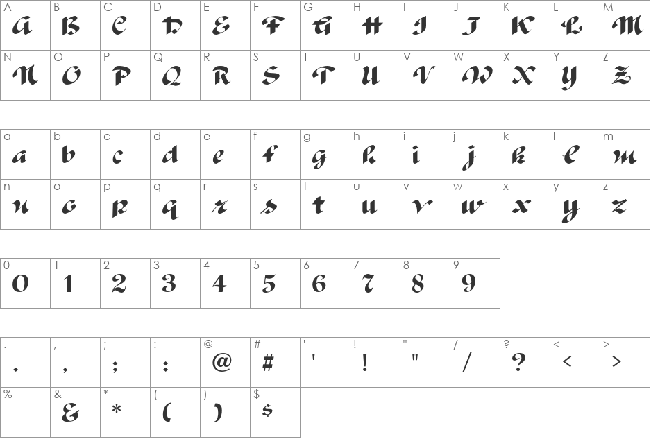 Postillion font character map preview