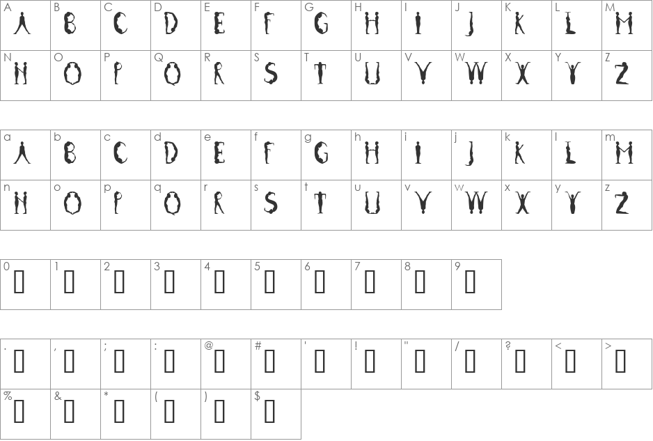 Postures MF font character map preview