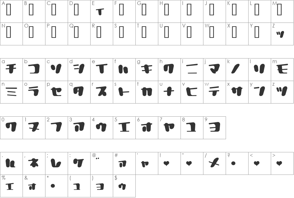 PrePrePretty font character map preview