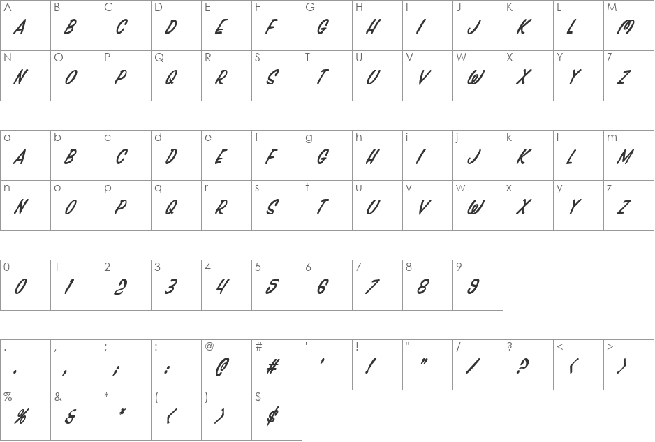 Press Darling Condensed Italic font character map preview