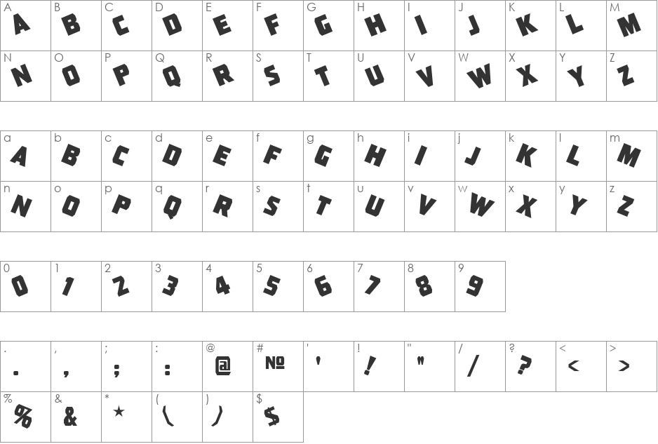 Pressboard Jumbled JL font character map preview