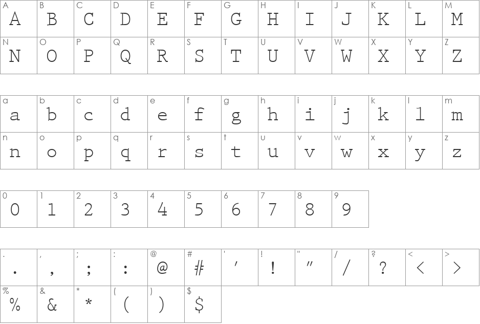 PrestigeEliM font character map preview