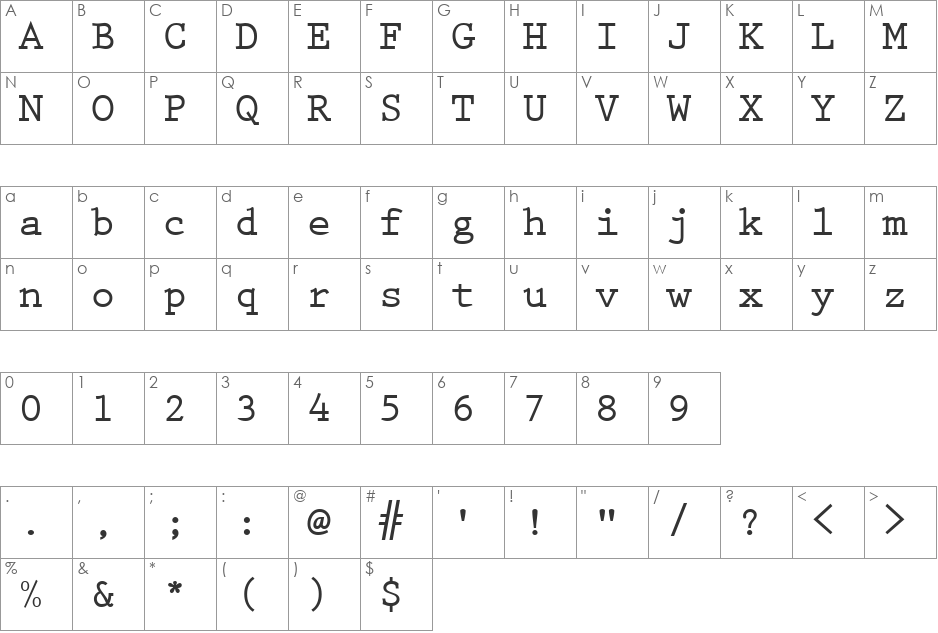 PrestigeTwo font character map preview