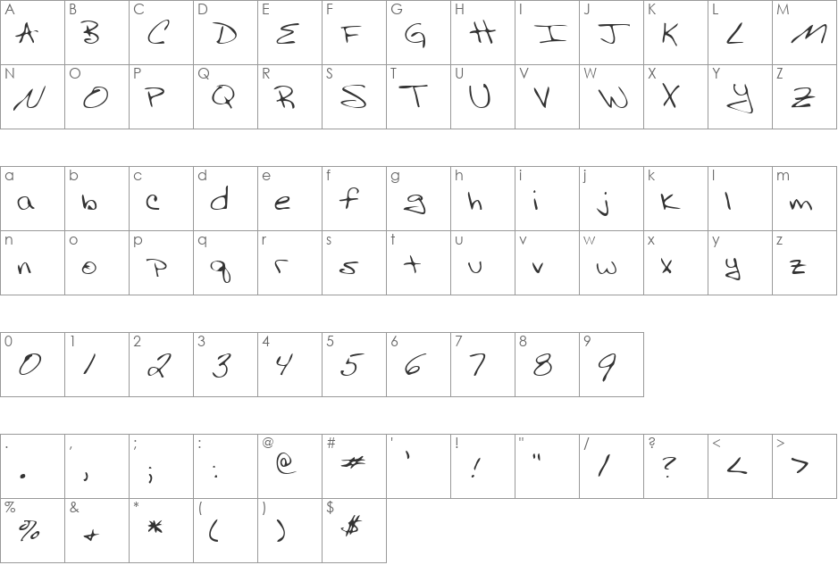 AdamsHand font character map preview