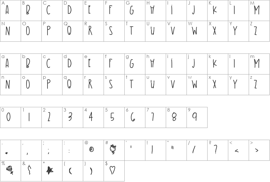 PrettyGirl font character map preview