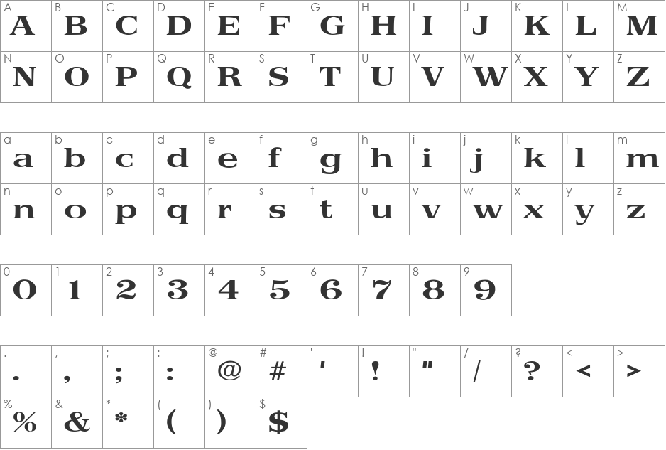 Primus Wide SF font character map preview