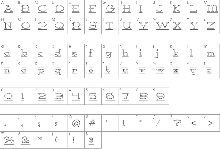 Princess Royal BTN Outline font character map preview