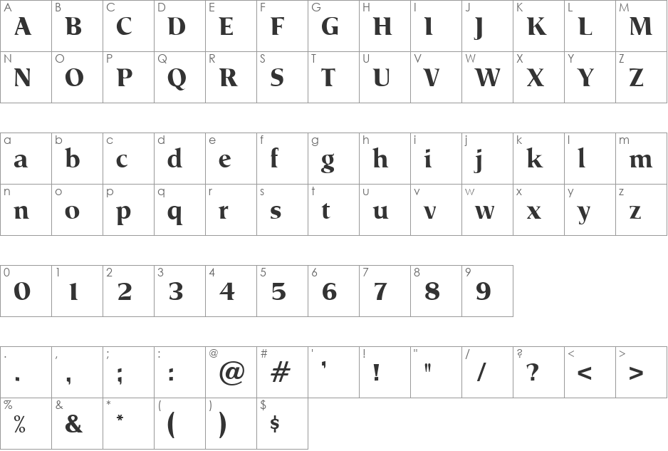 PriscillaBold font character map preview