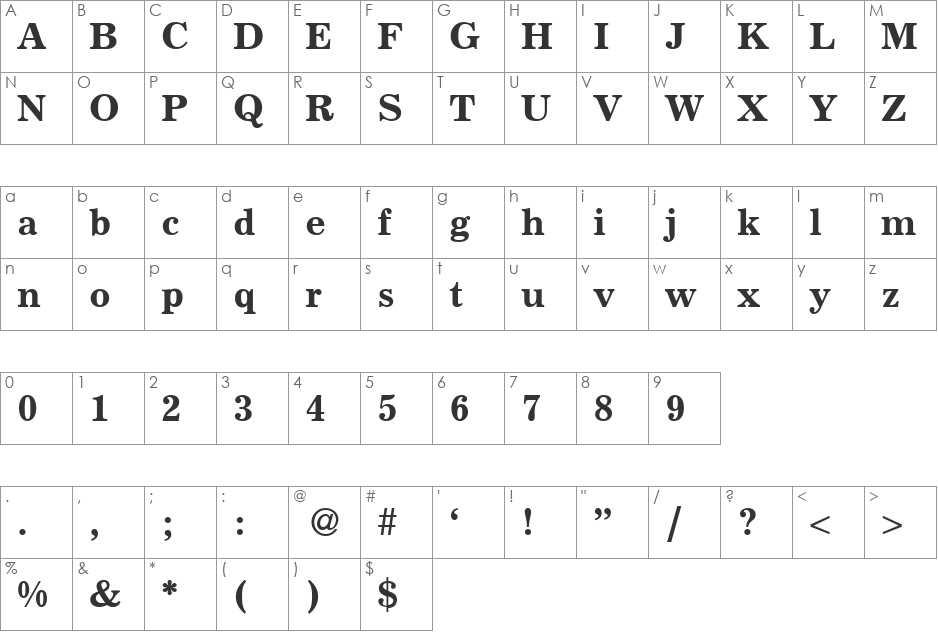 Pristine font character map preview